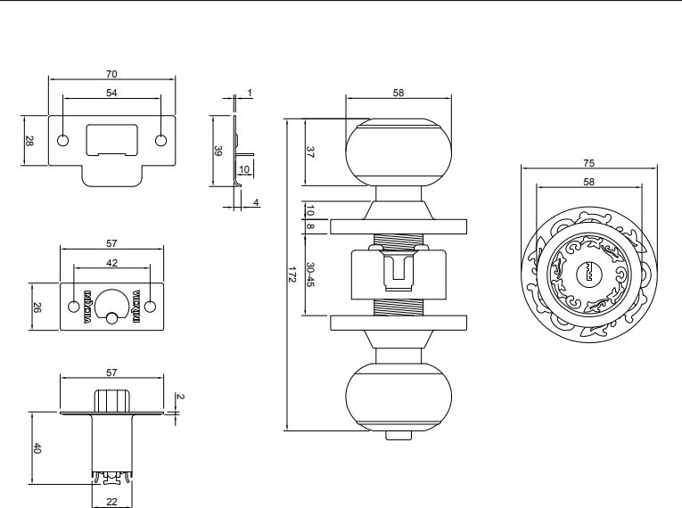 Thông số kỹ thuật Khóa tay nắm tròn hợp kim kẽm có chìa 30856.001