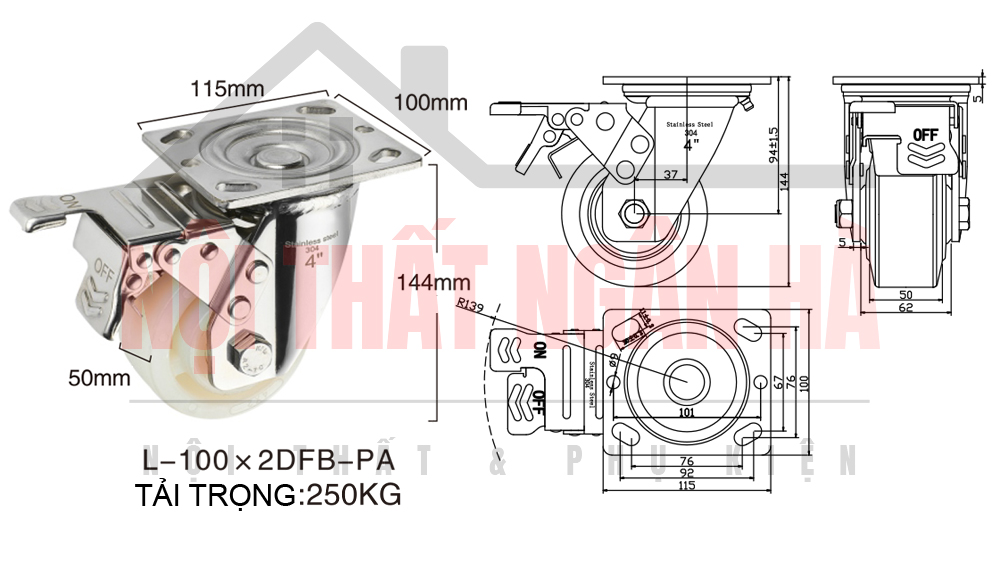 Thông số kỹ thuật bánh xe đẩy BXD003-100 xoay khóa kép