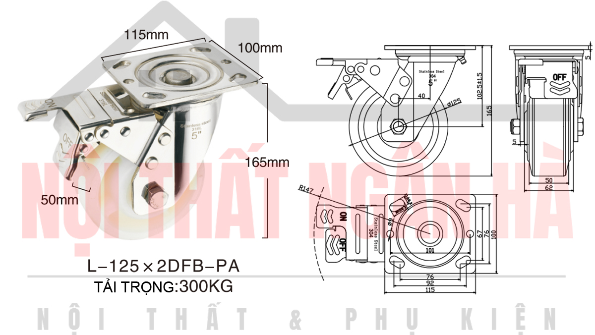 Thông số kỹ thuật bánh xe đẩy BXD003-125 xoay khóa kép