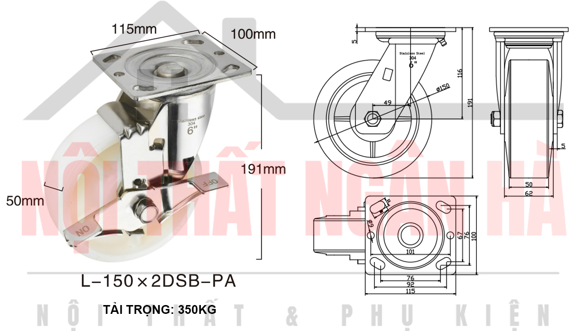 Thông số kỹ thuật bánh xe đẩy BXD003-150 xoay khóa đơn