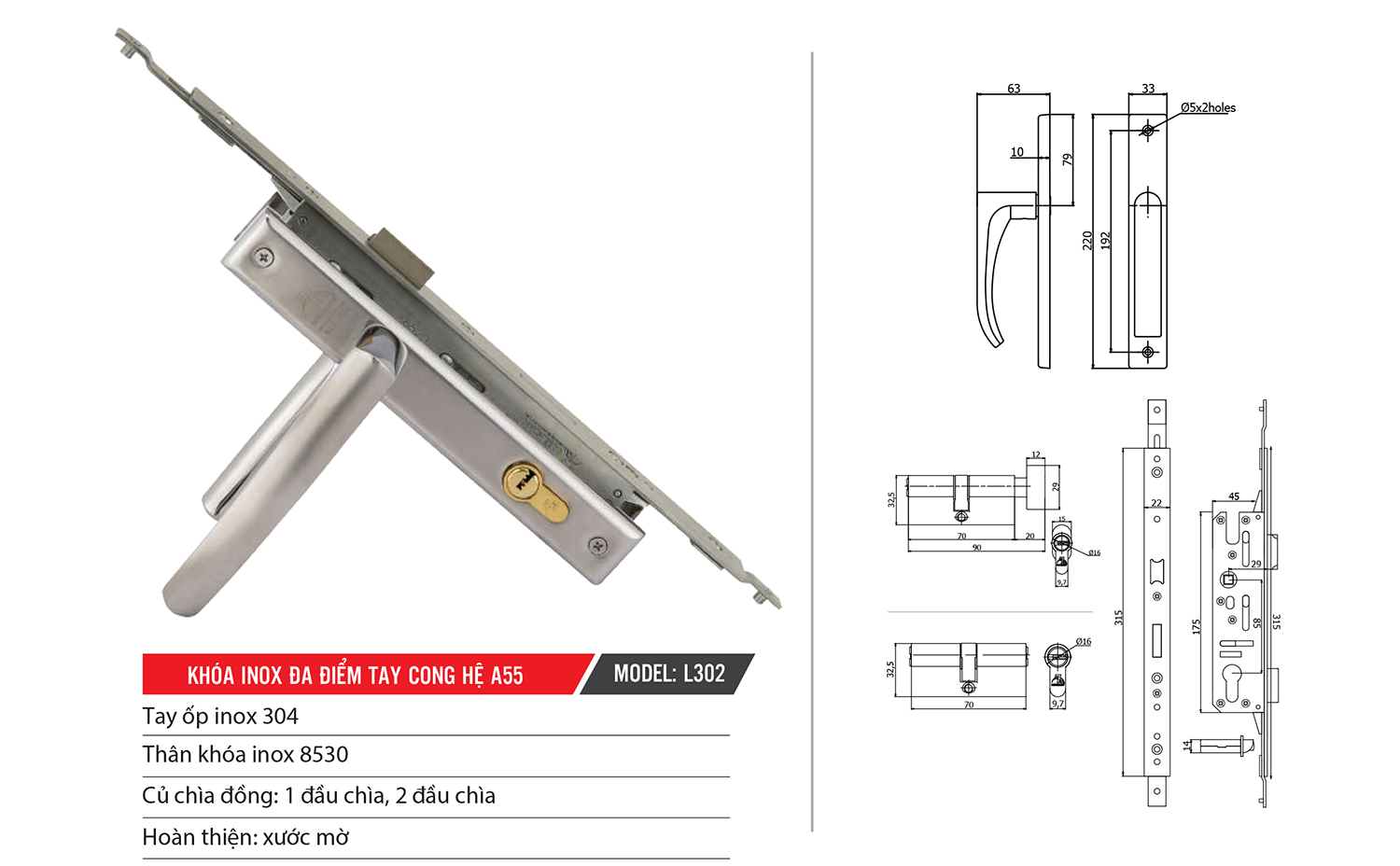 Thông số kỹ thuật khóa cửa nhôm Xingfa đa điểm Inox 304