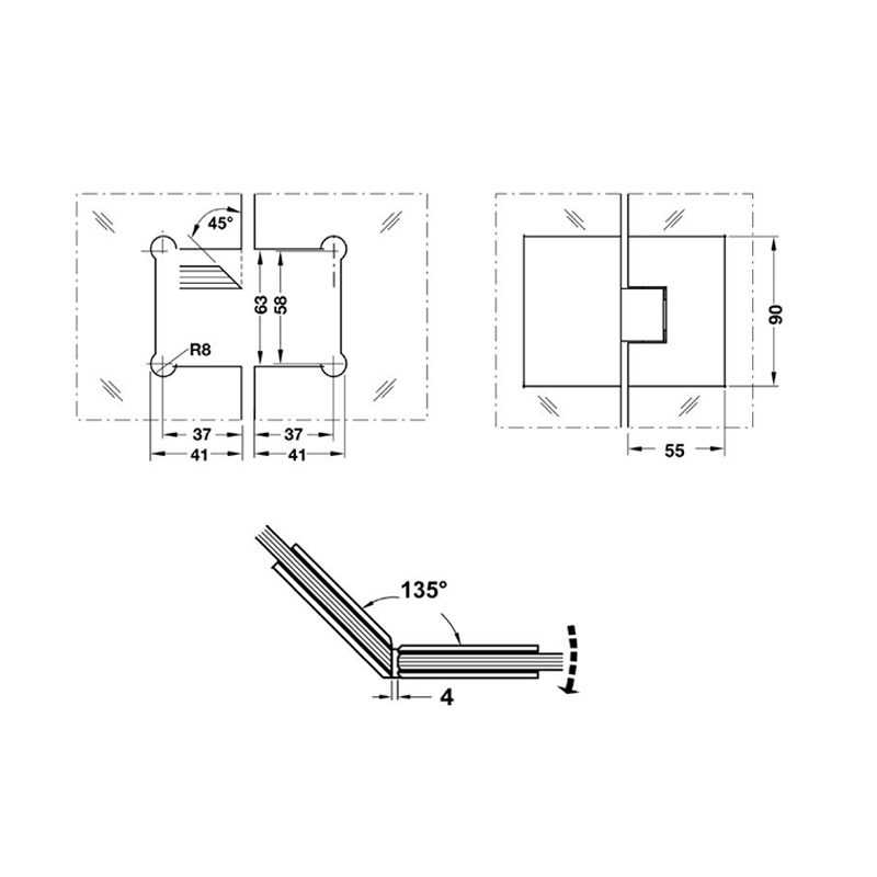 Thông số kĩ thuật bản lề kính kính 135 độ Hafele 981.00.522