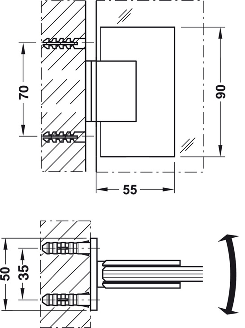 Thông số kĩ thuật bản lề tường kính 90 độ Hafele 981.00.503