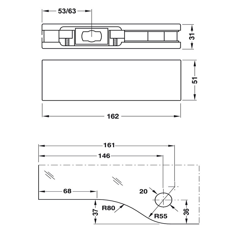 Thông số kĩ thuật kẹp dưới Hafele 981.00.001 inox bóng