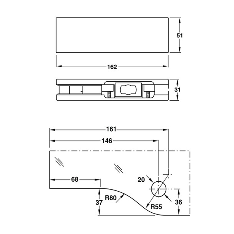 Thông số kĩ thuật kẹp dưới Hafele 981.00.003 đen mờ