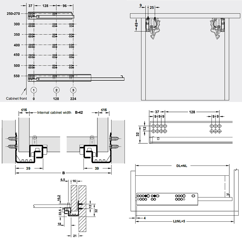 Thông số kĩ thuật ray âm giảm chấn Hafele 433.03.004 400mm