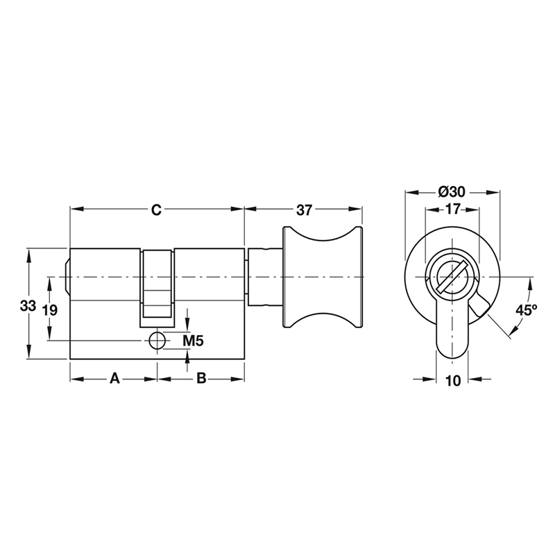 Thông số kĩ thuật ruột khóa cửa WC Hafele 916.96.407 60mm