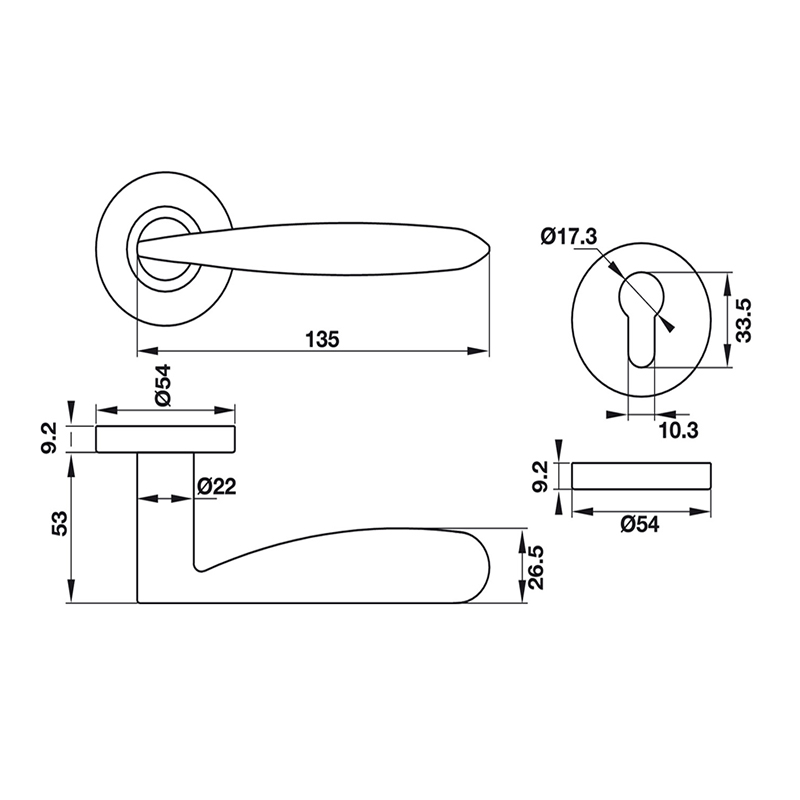 Thông số kĩ thuật tay nắm khóa phân thể inox 304 Hafele 903.98.135