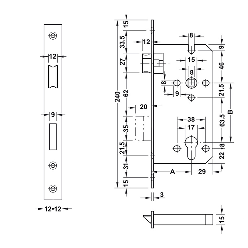 Thông số kĩ thuật thân khóa E45-85A Hafele 911.02.069