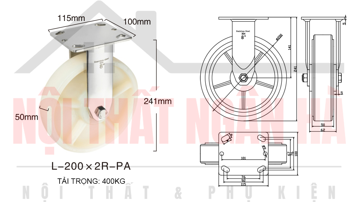 Thông số kỹ thuật bánh xe đẩy BXD001-200 cố định