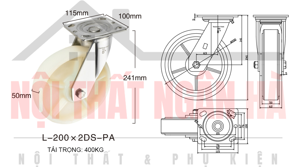 Thông số kỹ thuật bánh xe đẩy BXD002-200 xoay