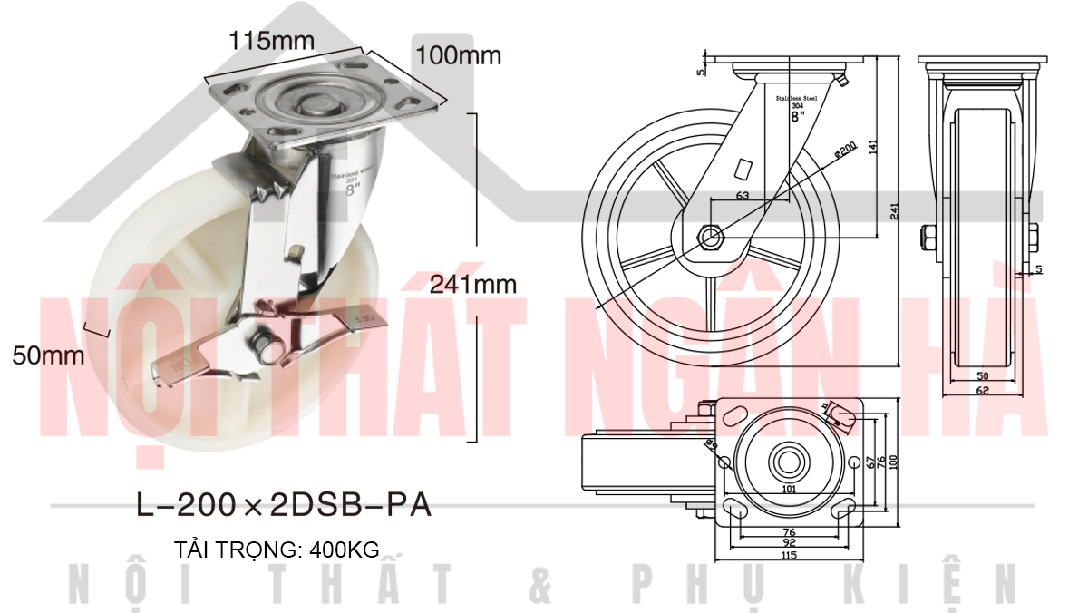 Thông số kỹ thuật bánh xe đẩy BXD003-200 xoay khóa đơn