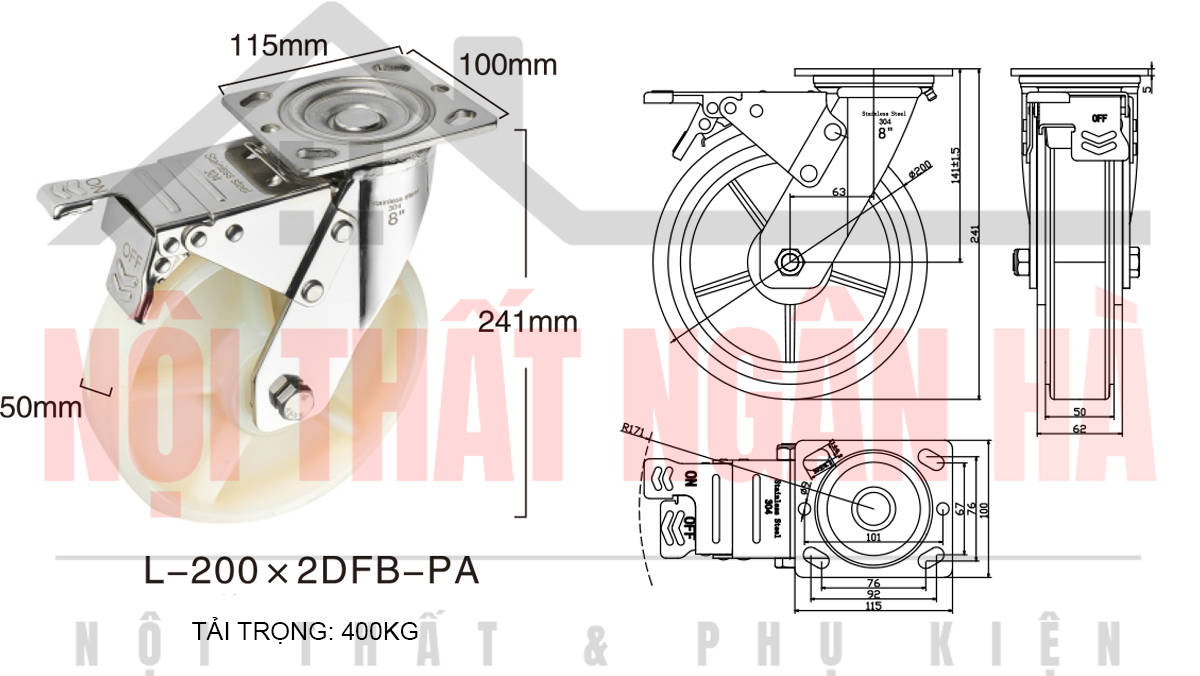 Thông số kỹ thuật bánh xe đẩy BXD003-200 xoay khóa kép