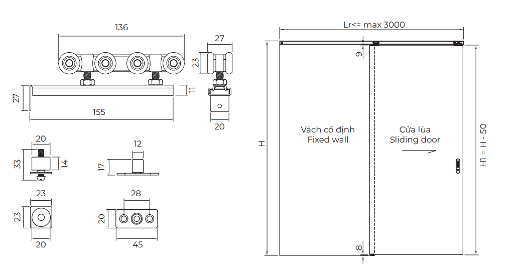 Thông số kỹ thuật bánh xe lùa treo 8 bánh Vickini 47854.001 150kg đế inox 201