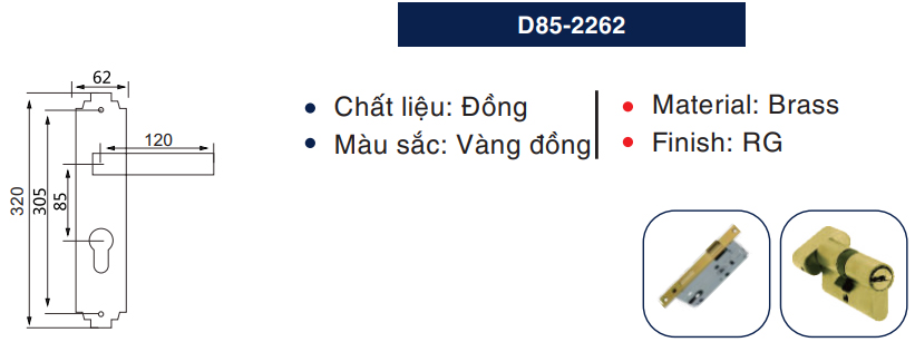 Thông số kỹ thuật khóa cửa gỗ Newneo D85-2262