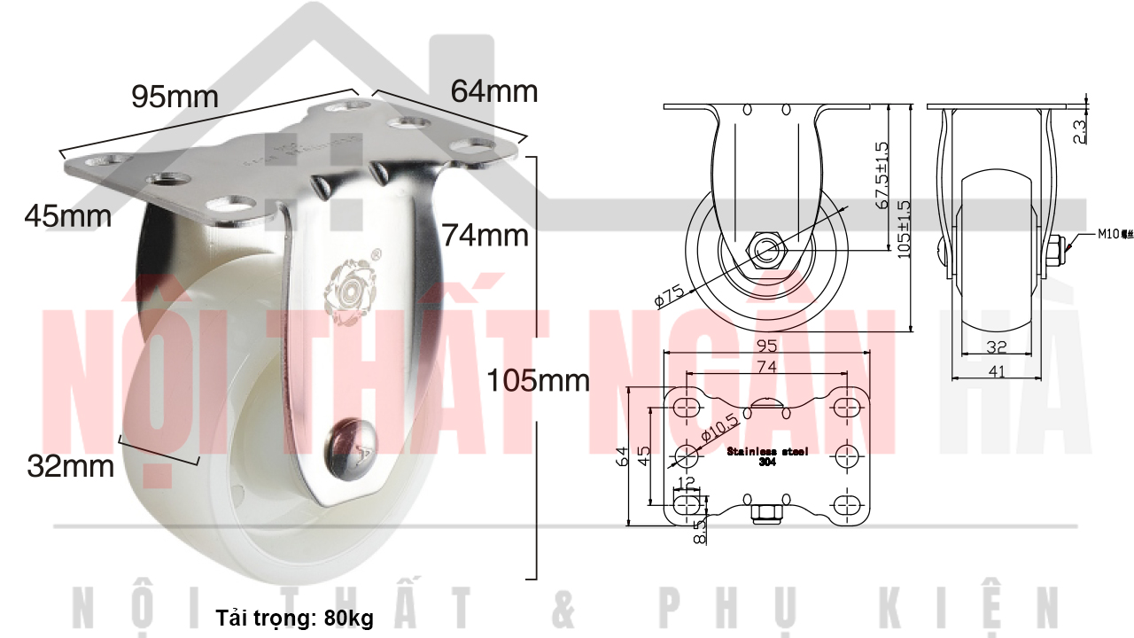 Thông số kỹ thuật bánh xe đẩy BXD005-075 cố định càng inox