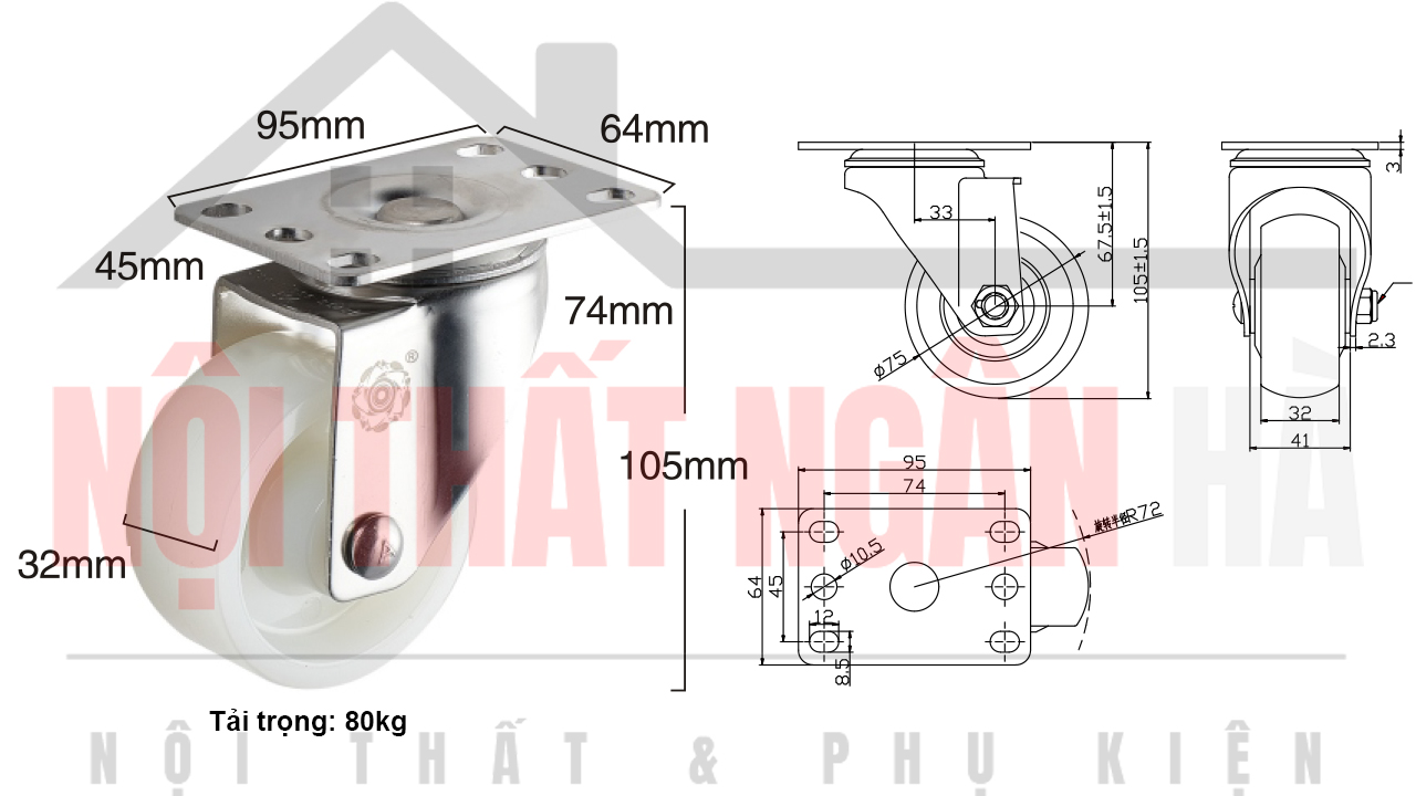 Thông số kỹ thuật bánh xe đẩy BXD005-075 xoay càng inox