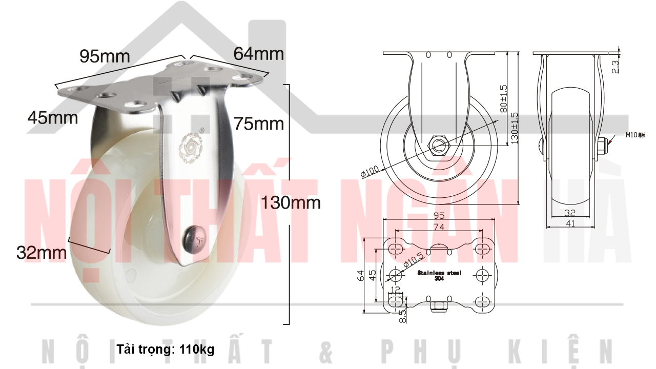 Thông số kỹ thuật bánh xe đẩy BXD005-100 cố định càng inox