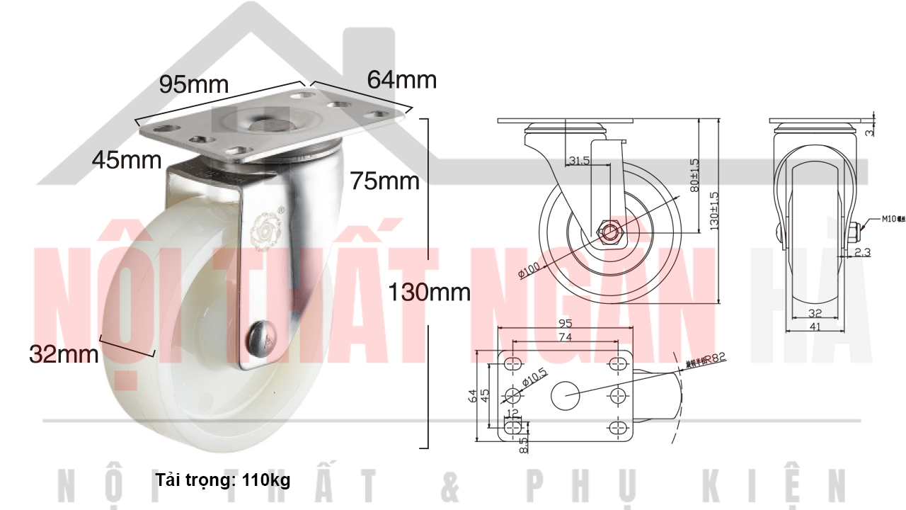 Thông số kỹ thuật bánh xe đẩy BXD006-100 xoay càng inox