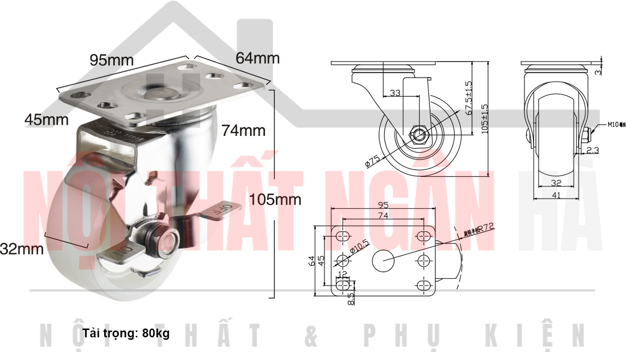 Thông số kỹ thuật bánh xe đẩy BXD007-075 xoay khóa đơn càng inox