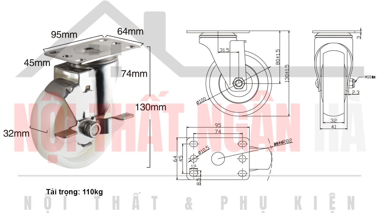 Thông số kỹ thuật bánh xe đẩy BXD007-100 xoay khóa đơn càng inox