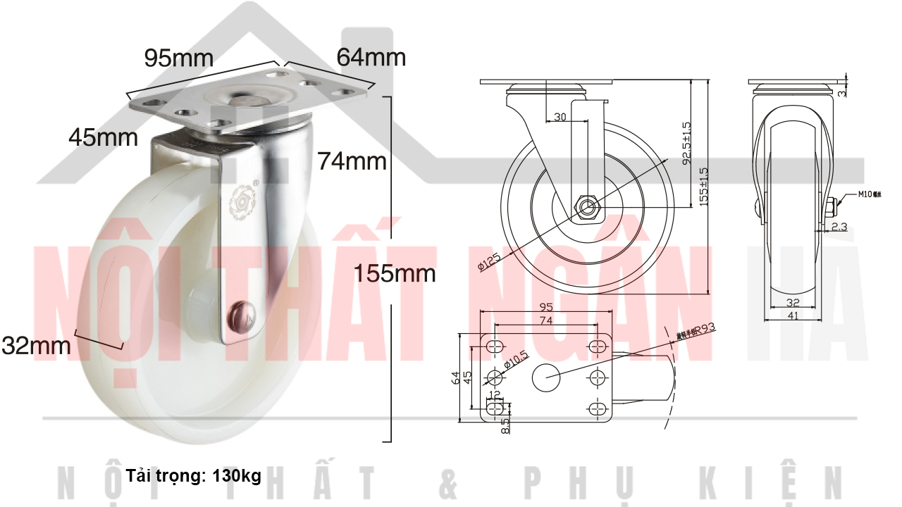 Thông số kỹ thuật bánh xe đẩy BXD007-125 xoay càng inox