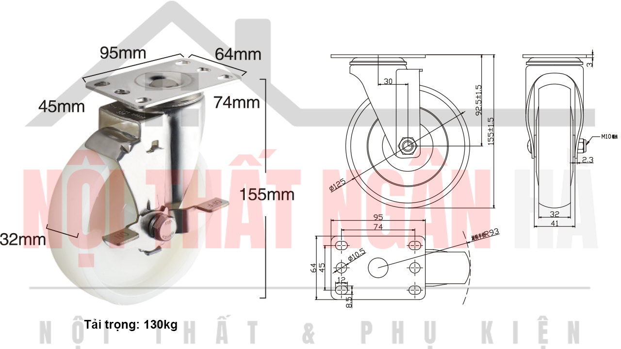 Thông số kỹ thuật bánh xe đẩy BXD007-125 xoay khóa đơn càng inox