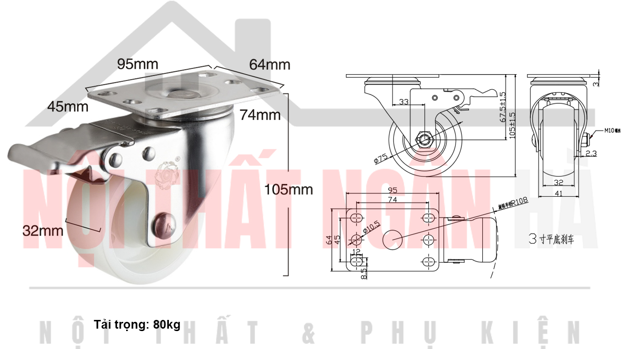 Thông số kỹ thuật bánh xe đẩy BXD008-075 xoay khóa kép càng inox