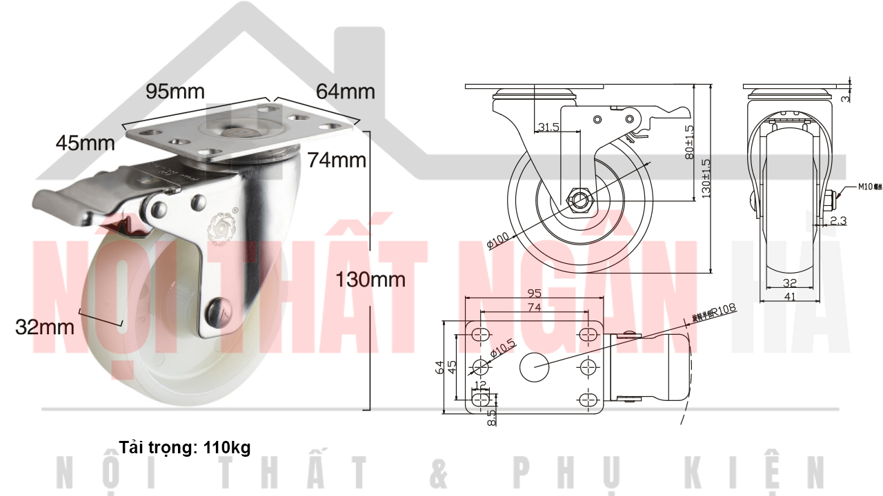 Thông số kỹ thuật bánh xe đẩy BXD008-100 xoay khóa kép càng inox