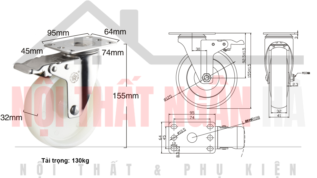 Thông số kỹ thuật bánh xe đẩy BXD008-125 xoay khóa kép càng inox