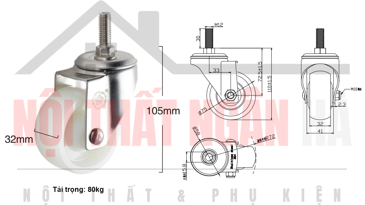 Thông số kỹ thuật bánh xe đẩy BXD009-075 cọc vít càng inox