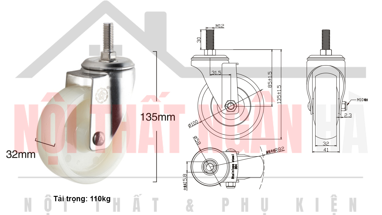 Thông số kỹ thuật bánh xe đẩy BXD009-100 cọc vít càng inox