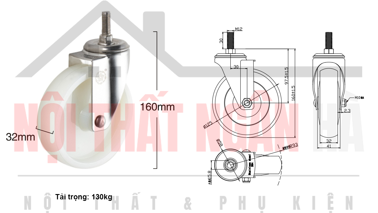 Thông số kỹ thuật bánh xe đẩy BXD009-125 cọc vít càng inox