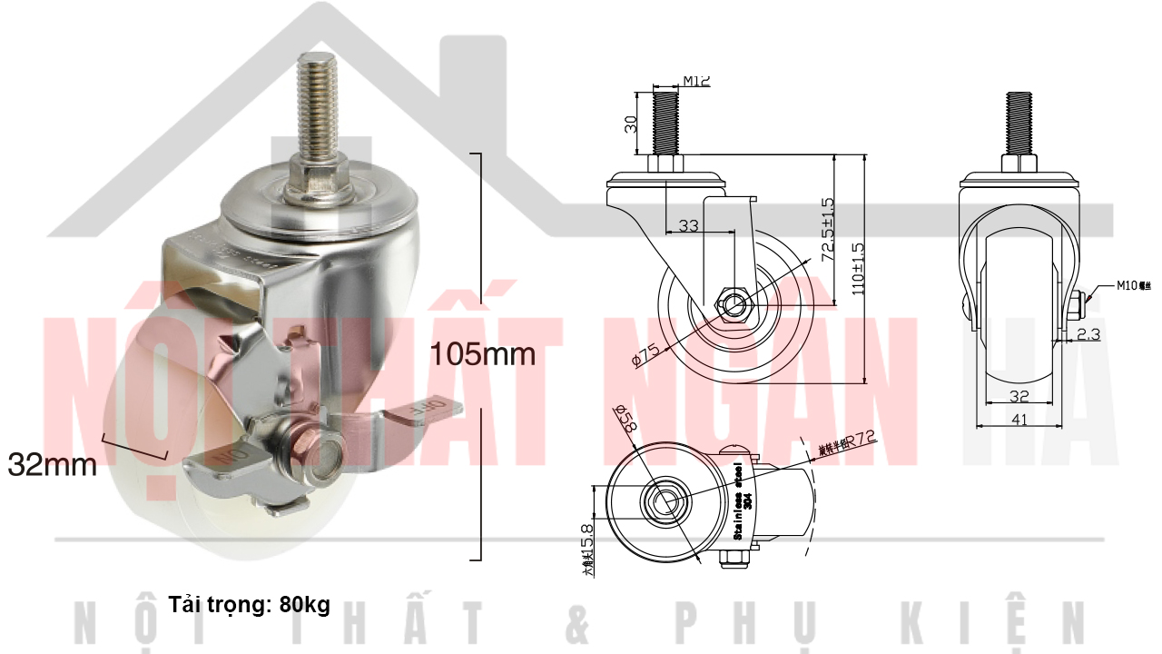 Thông số kỹ thuật bánh xe đẩy BXD010-075 cọc vít khóa đơn càng inox