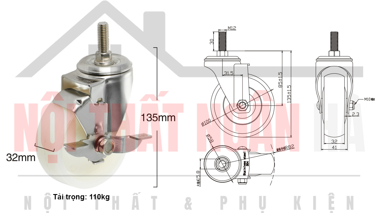 Thông số kỹ thuật bánh xe đẩy BXD010-100 cọc vít khóa đơn càng inox