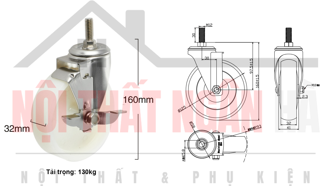 Thông số kỹ thuật bánh xe đẩy BXD010-125 cọc vít khóa đơn càng inox