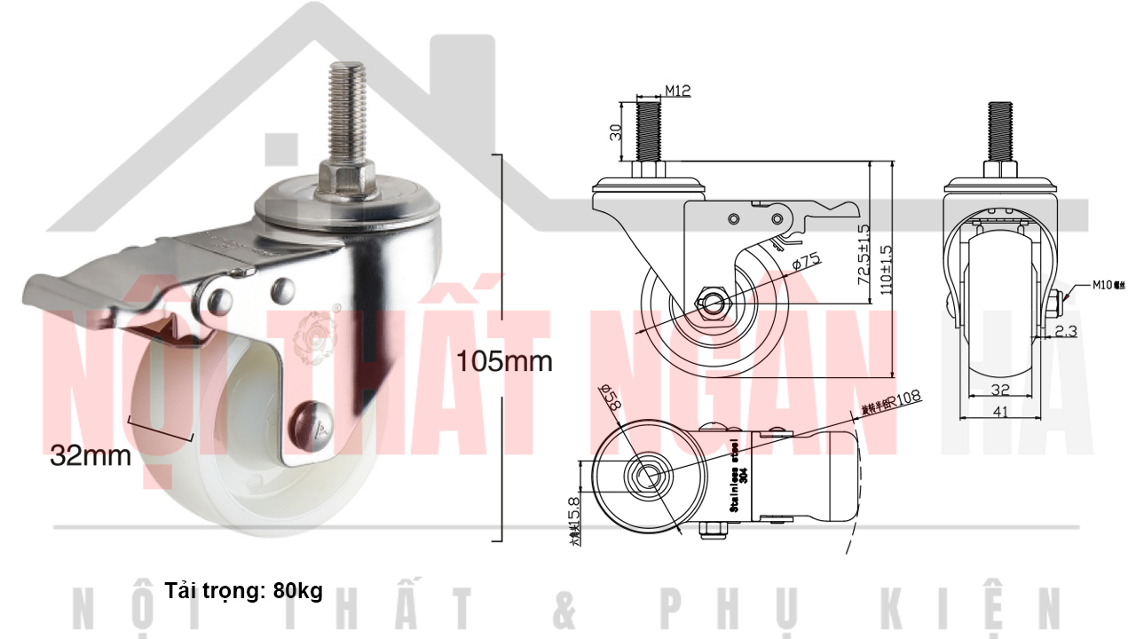 Thông số kỹ thuật bánh xe đẩy BXD011-075 cọc vít khóa kép càng inox