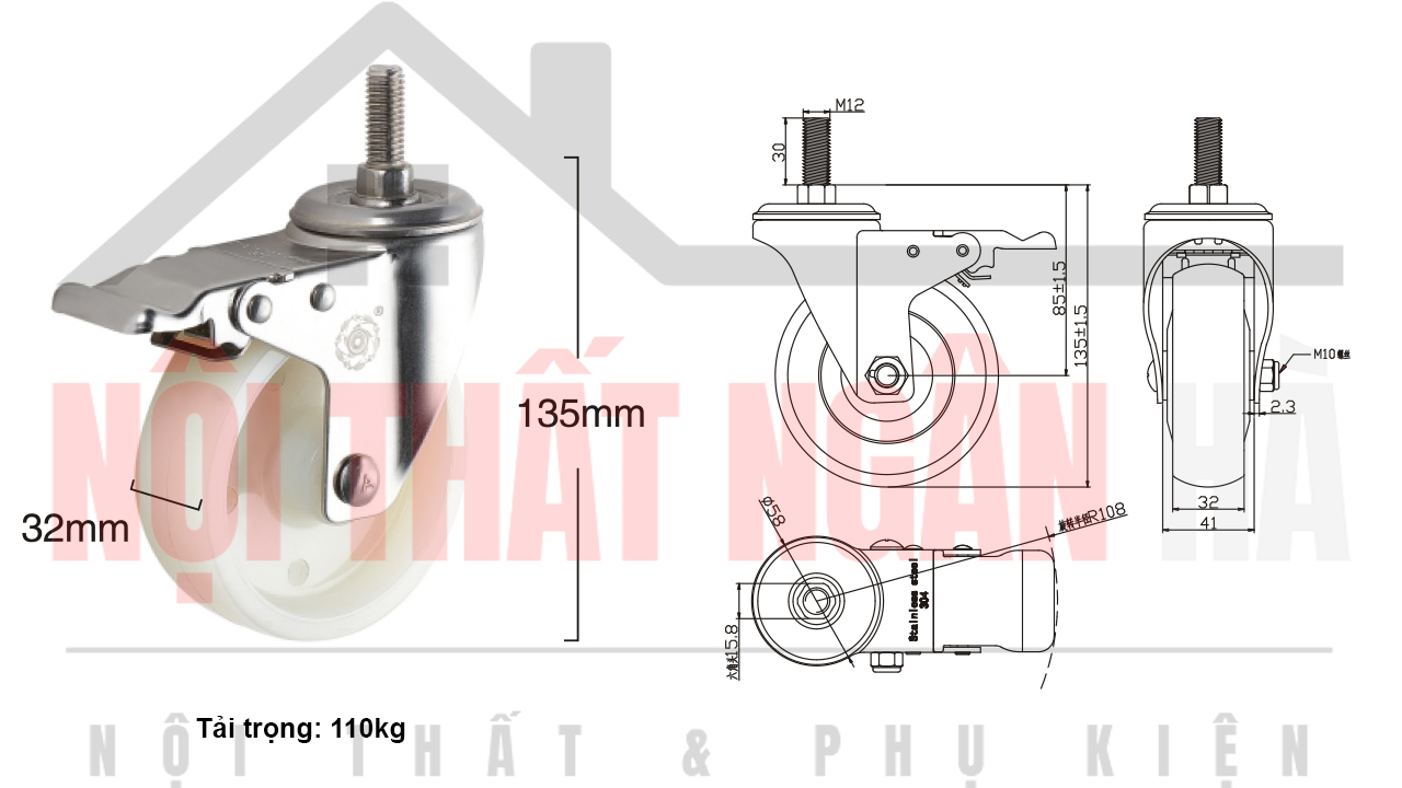 Thông số kỹ thuật bánh xe đẩy BXD011-100 cọc vít khóa kép càng inox