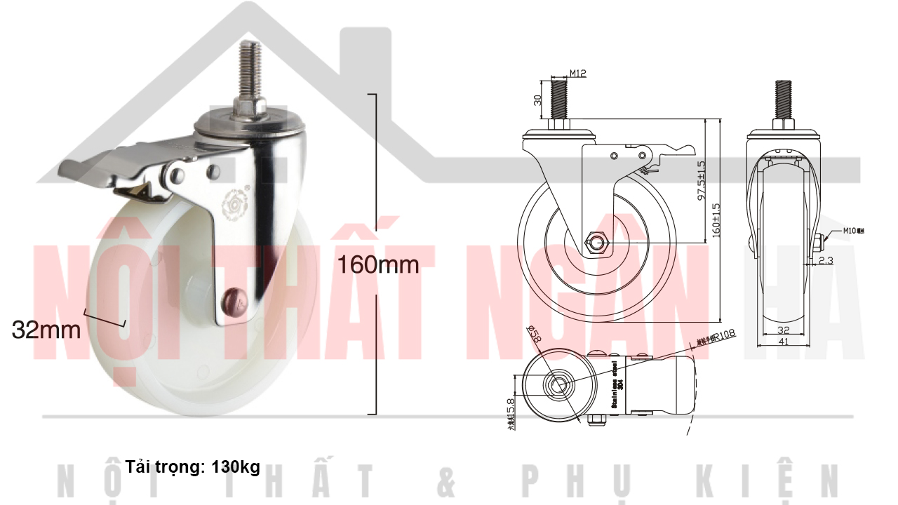 Thông số kỹ thuật bánh xe đẩy BXD011-125 cọc vít khóa kép càng inox