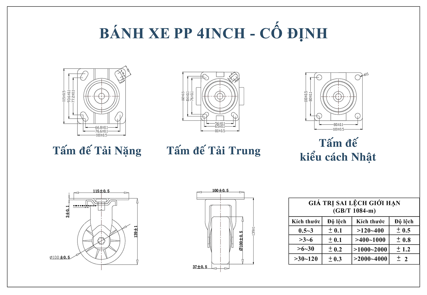 Thông số kỹ thuật bánh xe đẩy nhựa PP BXD021-100 cố định