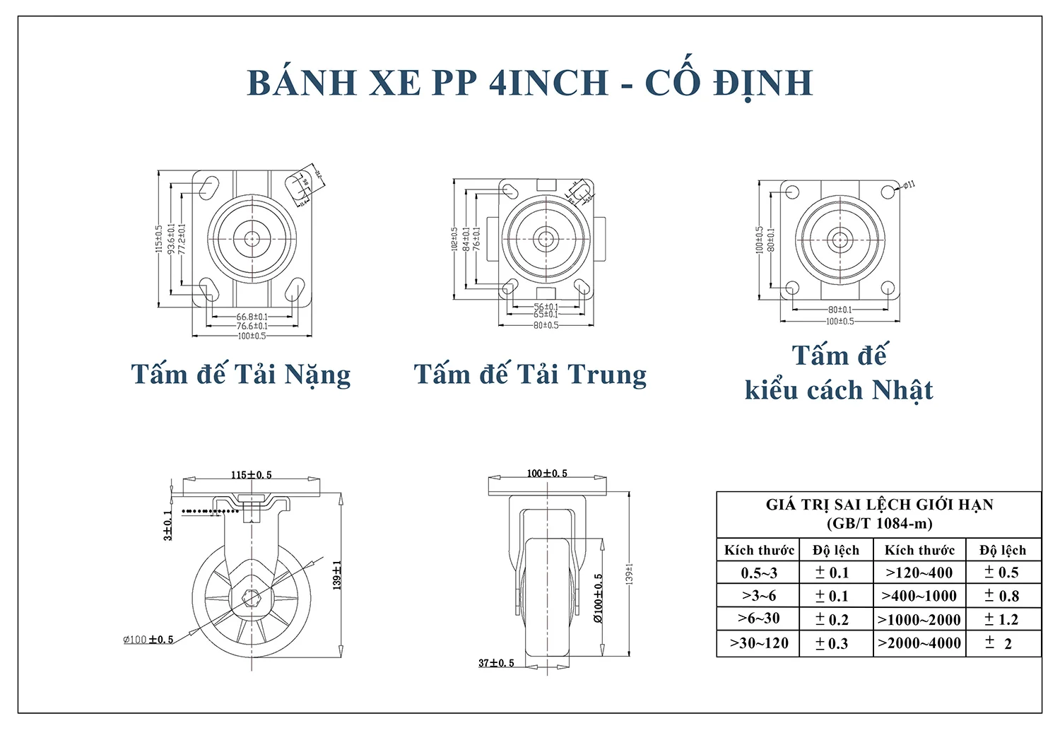 Thông số kỹ thuật bánh xe đẩy nhựa PP BXD021-100 cố định