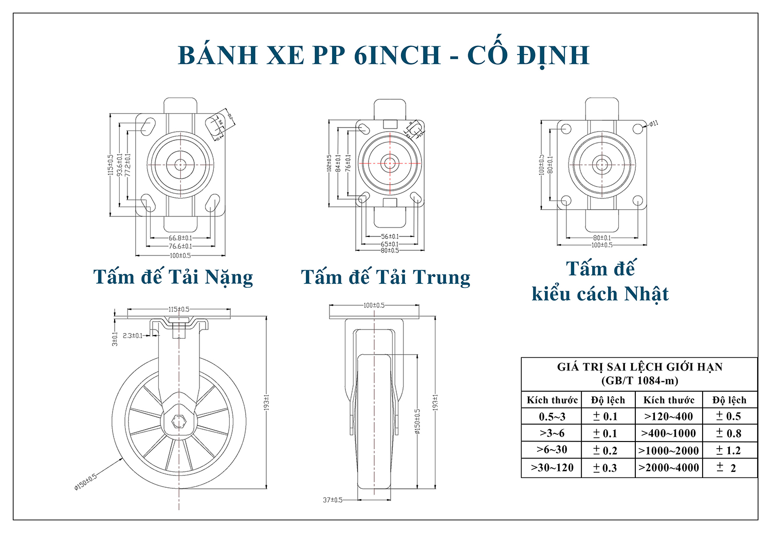 Thông số kỹ thuật bánh xe đẩy nhựa PP BXD021-150 cố định