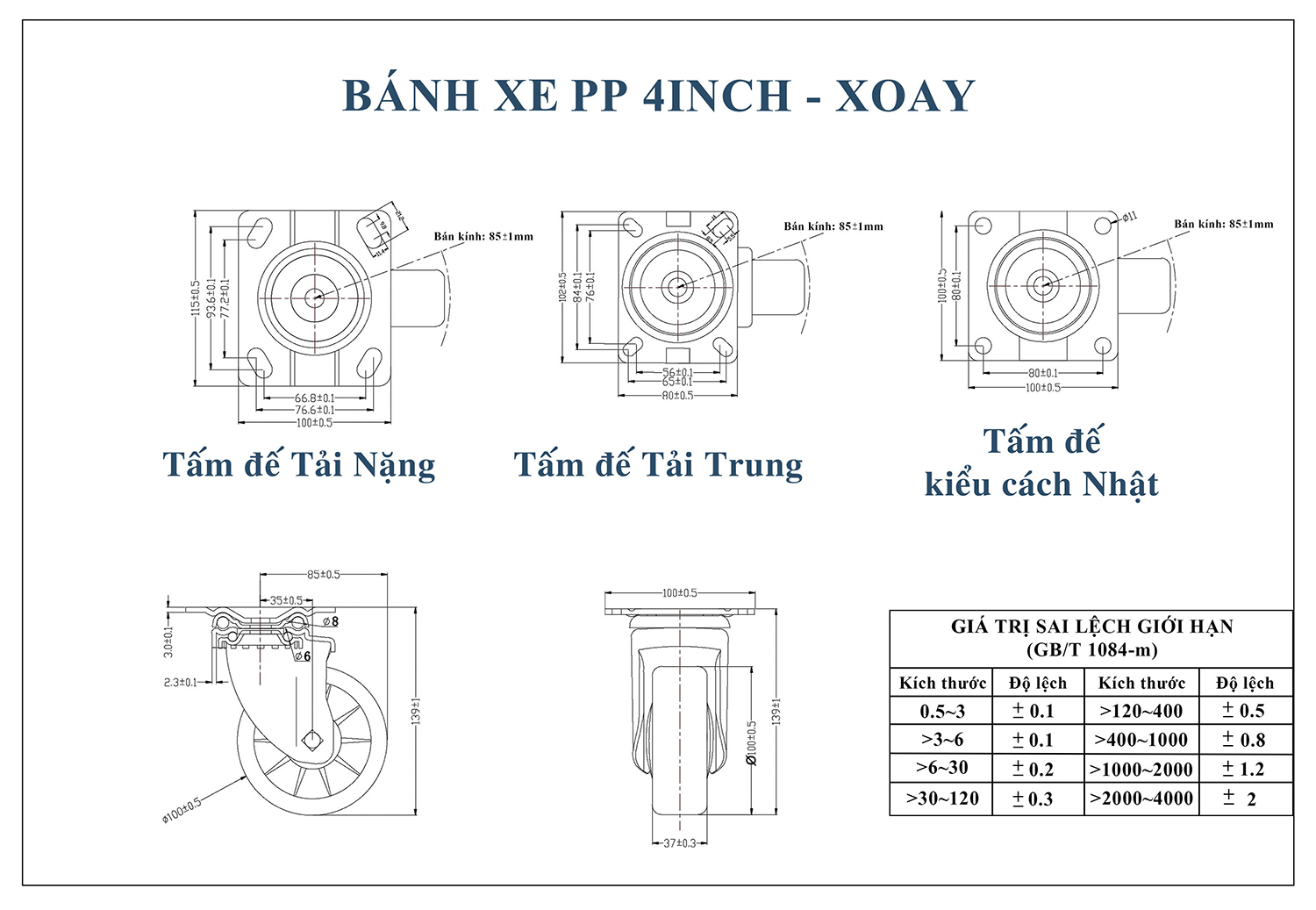 Thông số kỹ thuật bánh xe đẩy nhựa PP BXD022-100 xoay