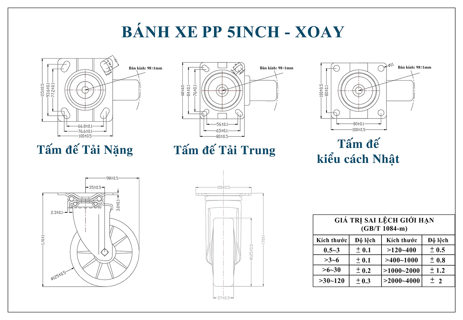 Thông số kỹ thuật bánh xe đẩy nhựa PP BXD022-125 xoay