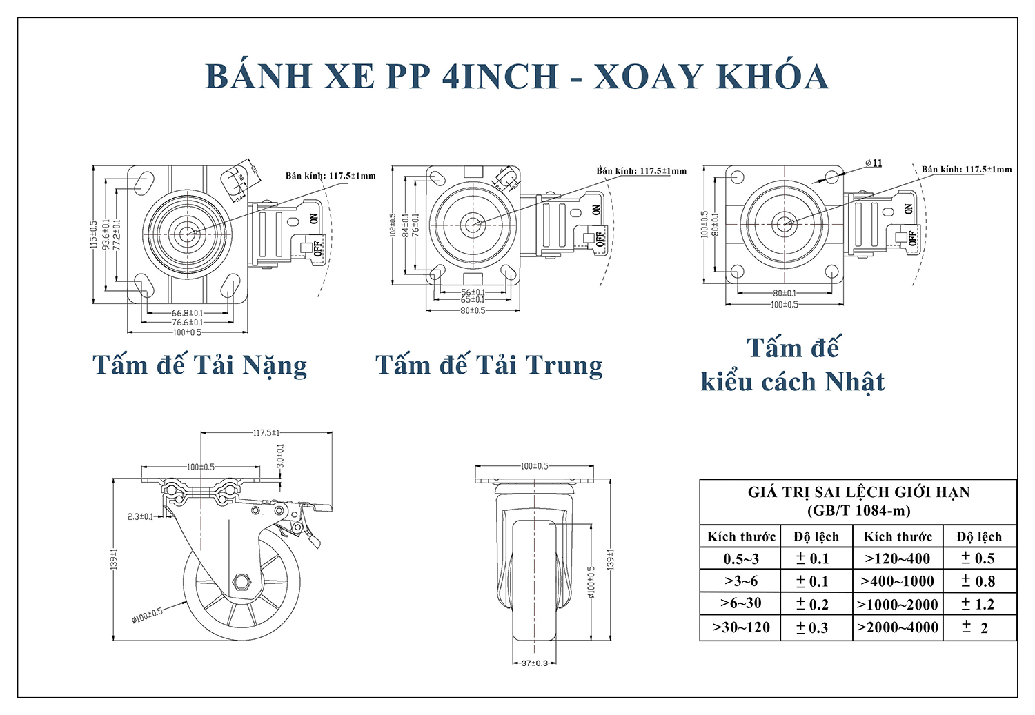 Thông số kỹ thuật bánh xe đẩy nhựa PP BXD023-100 xoay có phanh