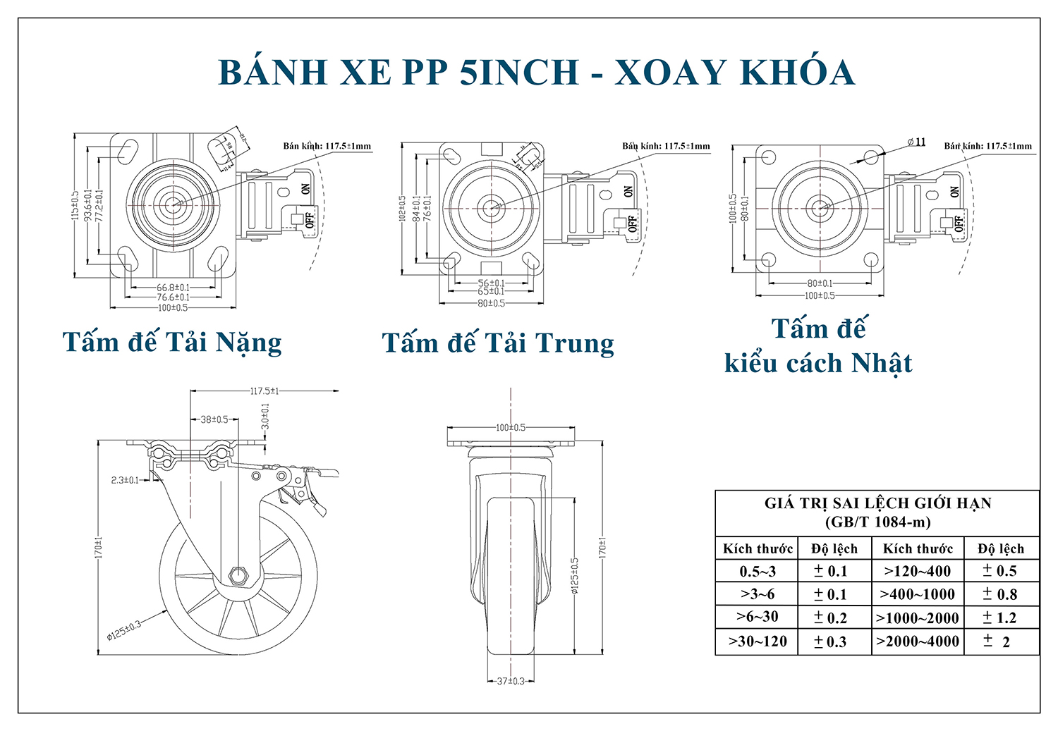 Thông số kỹ thuật bánh xe đẩy nhựa PP BXD023-125 xoay có phanh