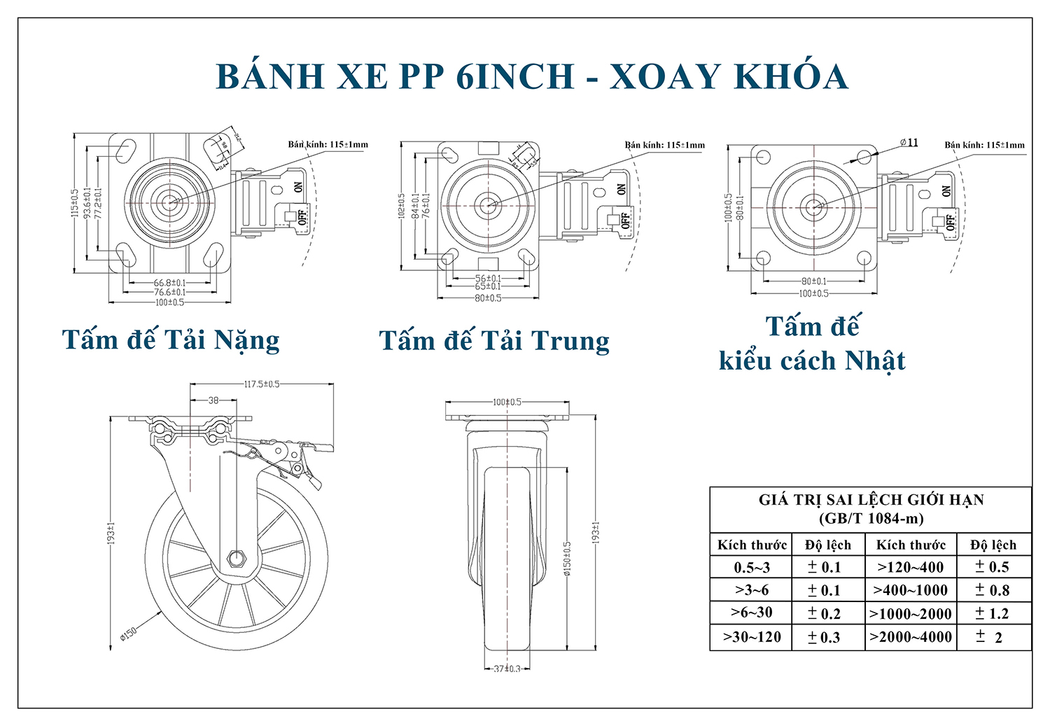 Thông số kỹ thuật bánh xe đẩy nhựa PP BXD023-150 xoay có phanh