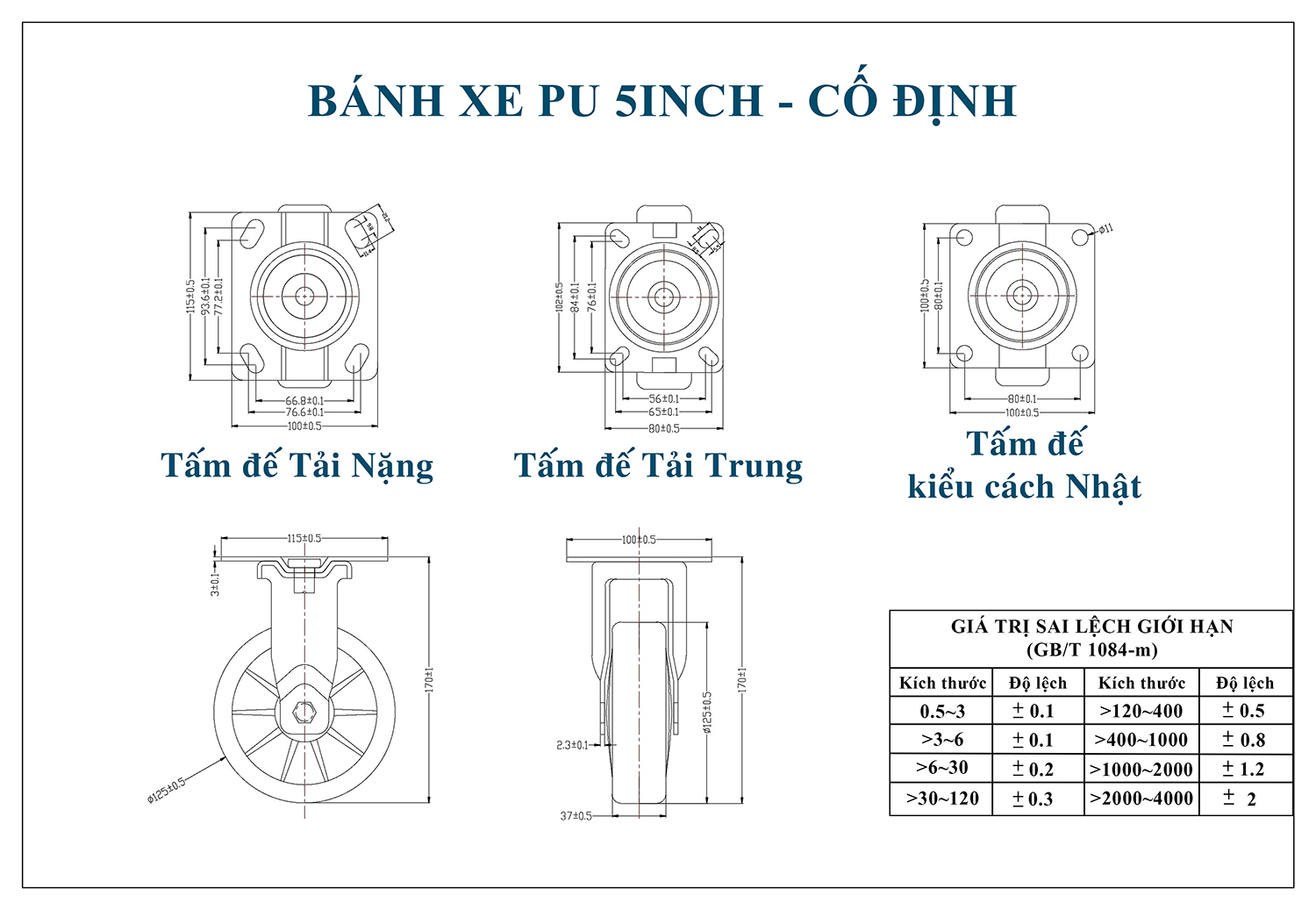 Thông số kỹ thuật bánh xe đẩy nhựa PU 125mm lõi nhựa