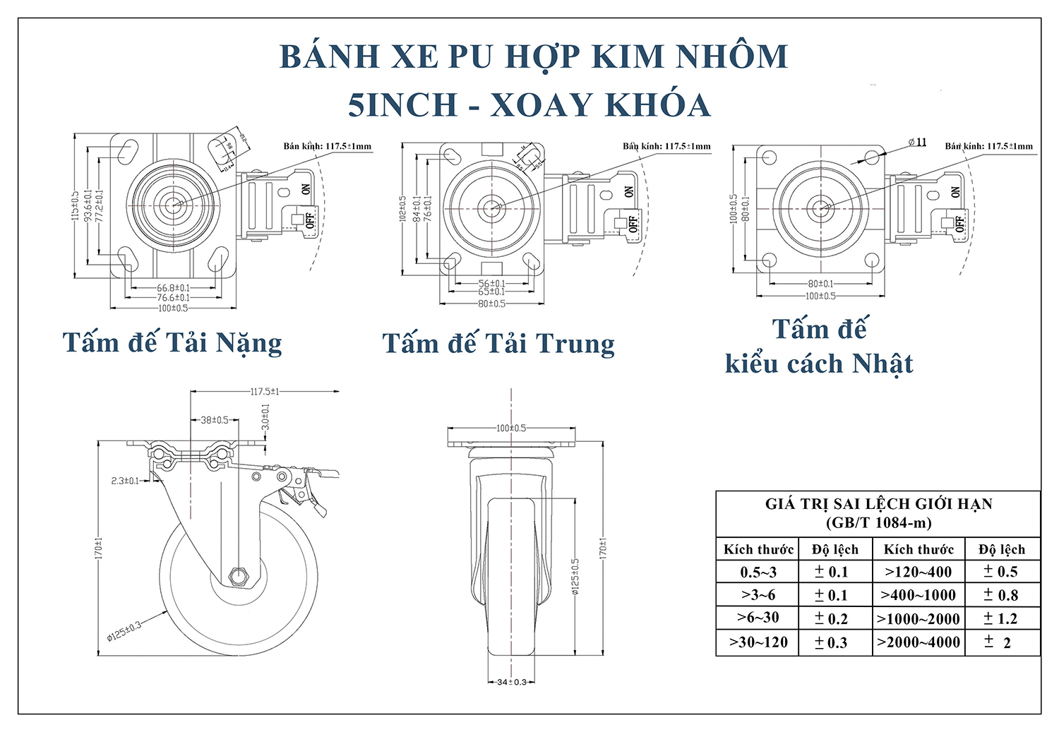 Thông số kỹ thuật bánh xe đẩy nhựa PU BXD014-125 lõi nhôm xoay khóa