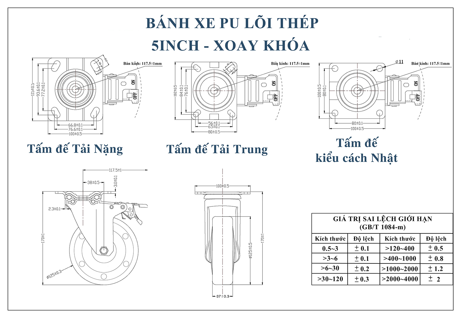 Thông số kỹ thuật bánh xe đẩy nhựa PU BXD017-125 lõi thép xoay khóa